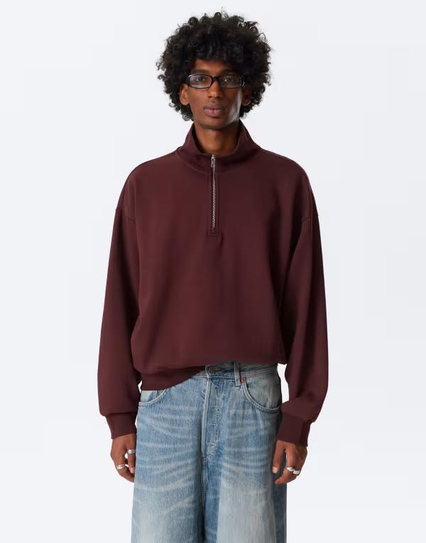 ウィークデイ メンズ アウター パーカー・スウェット オーバーサイズフィット ハーフジップ スウェット シャツ Weekday boxy oversized fit half zip sweatshirt Burgundy バーガンディ