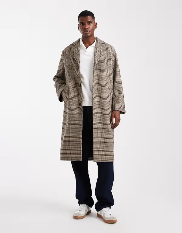 オンリーアンドサンズ メンズ アウター 厚地の外套 落っこちる肩先 ONLY \u0026 SONS drop shoulder longline coat houndstooth Walnut 赤銅色
