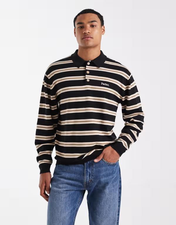 パルレ メンズ トップス ポロシャツ ニット ロゴ Parlez long sleeve knit logo polo and brown stripe Black ブラック