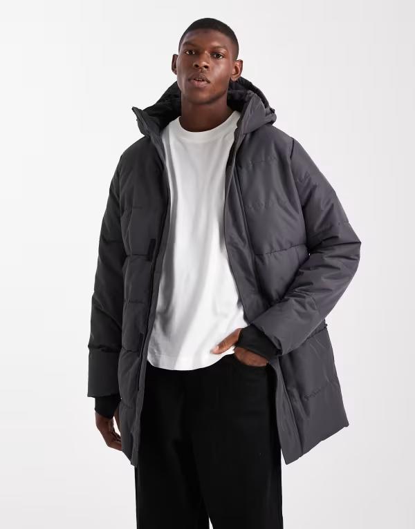 オンリーアンドサンズ メンズ アウター コート ONLY & SONS waterproof longline puffer coat with hood Gray Pinstripe グレー