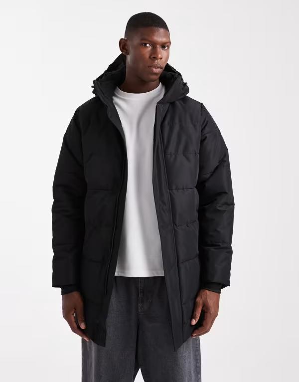 オンリーアンドサンズ メンズ アウター コート ジャケット ONLY & SONS waterproof longline puffer jacket with hood Black ブラック