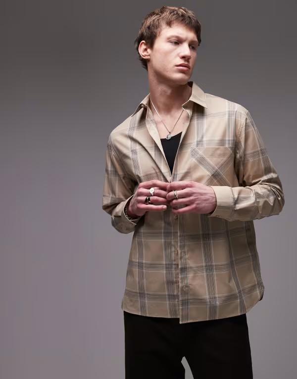いの一番マン メンズ トップス プルオーバー Topman long sleeve check oversized shirt STONE 石ころ