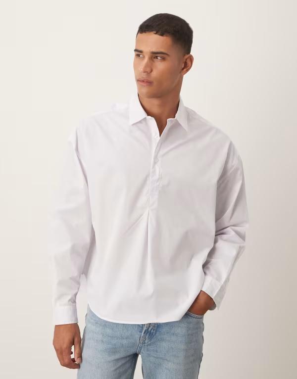 エイソス メンズ トップス シャツ ASOS DESIGN oversized over the head poplin shirt with scoop hem WHITE ホワイト