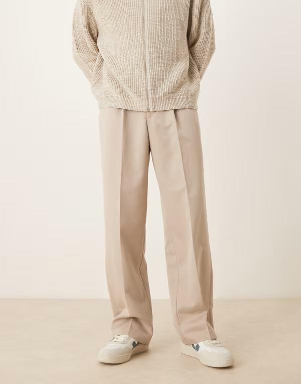 エイソス メンズ ボトムス 心地好いズボン下 ワイドレッグ ズボン下 ASOS DESIGN wide leg dress pants with front pleats インチ stone STONE 石ころ