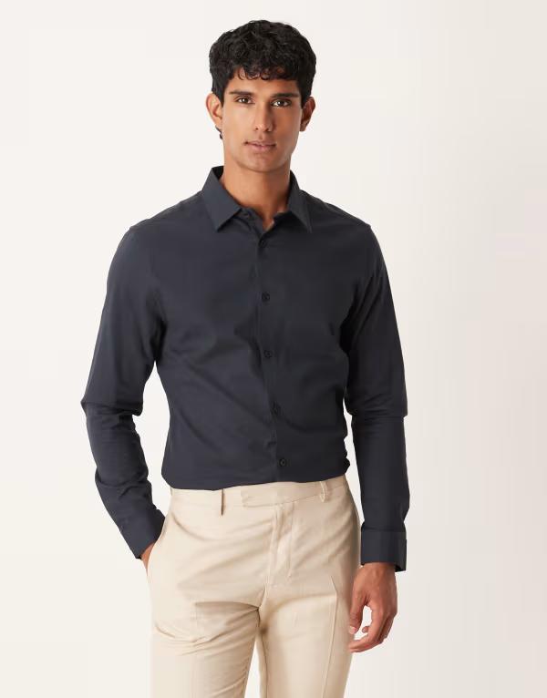 エイソス メンズ トップス プルオーバー オックスフォード ASOS DESIGN easy iron royal oxford slim shirt Black 黒いこと