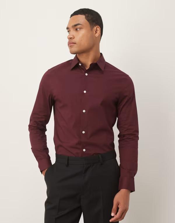エイソス メンズ トップス プルオーバー ASOS DESIGN skinny stretch work shirt Burgundy バーガンディ