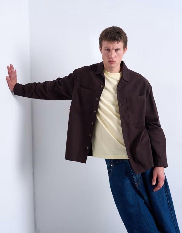 トップマン メンズ トップス シャツ レギュラーフィット Topman regular fit twill overshirt BROWN ブラウン