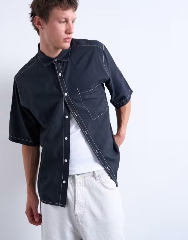 トップマン メンズ トップス シャツ リラックスフィット コントラスト Topman relaxed fit shirt with contrast stitch detail Black ブラック