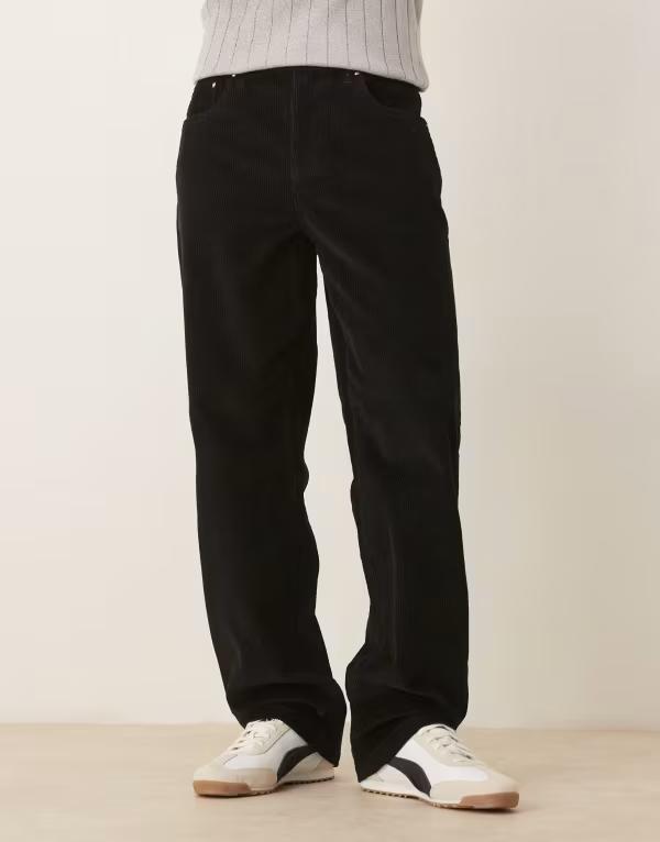 エイソス メンズ ボトムス 心地よいズボン下 コール天 ズボン下 ASOS DESIGN baggy pants corduroy Black 黒いこと