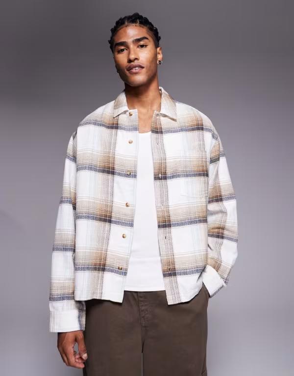 エイソス メンズ トップス プルオーバー ASOS DESIGN boxy checked overshirt BEIGE ベージュ