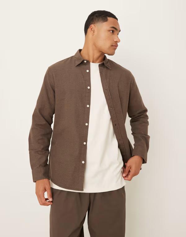 セレクティッド メンズ トップス シャツ コットン Selected 100% cotton oversized boxy brushed shirt Demitasse Twisted ブラウン