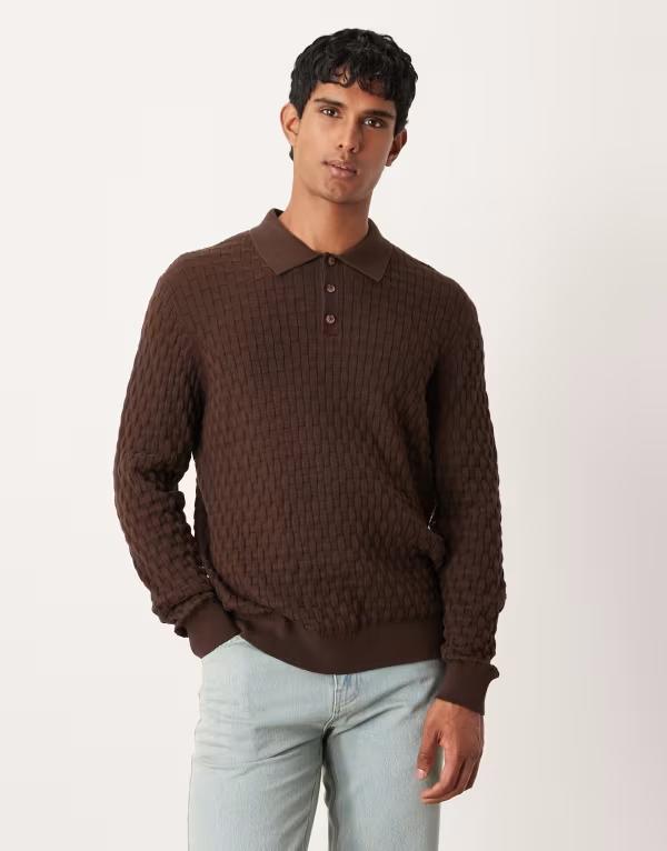 エイソス メンズ トップス スポーツシャツ 編み物 ASOS DESIGN knit textured long sleeve polo BROWN 赤銅色