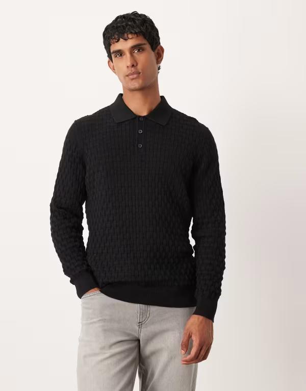 エイソス メンズ トップス ポロシャツ ニット ASOS DESIGN knit textured long sleeve polo Black ブラック