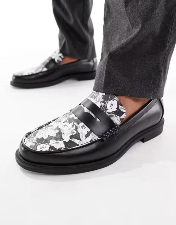 エイソス メンズ シューズ スリッポン・ローファー フラワー柄 ローファー フラワー ASOS DESIGN penny loafers with floral apron Black ブラック