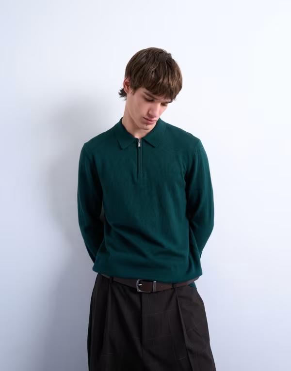 トップマン メンズ トップス ポロシャツ ニット Topman essential knit zip polo in dark DARK GREEN グリーン