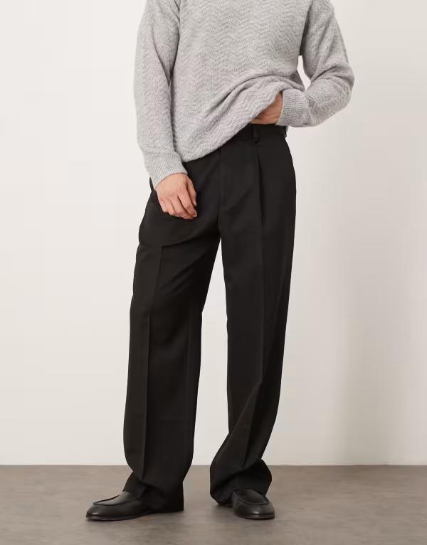 エイソス メンズ ボトムス カジュアルパンツ ワイドレッグ パンツ ASOS DESIGN smart wide leg pants with front pleat Black ブラック