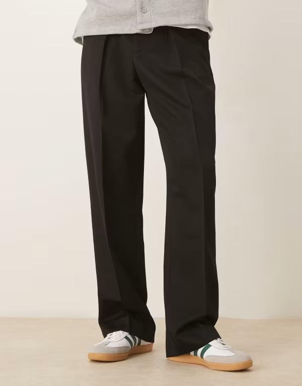 エイソス メンズ ボトムス カジュアルパンツ ワイドレッグ パンツ ASOS DESIGN smart wide leg pants with deep pleats with elastic waist Black ブラック｜ReVida 店