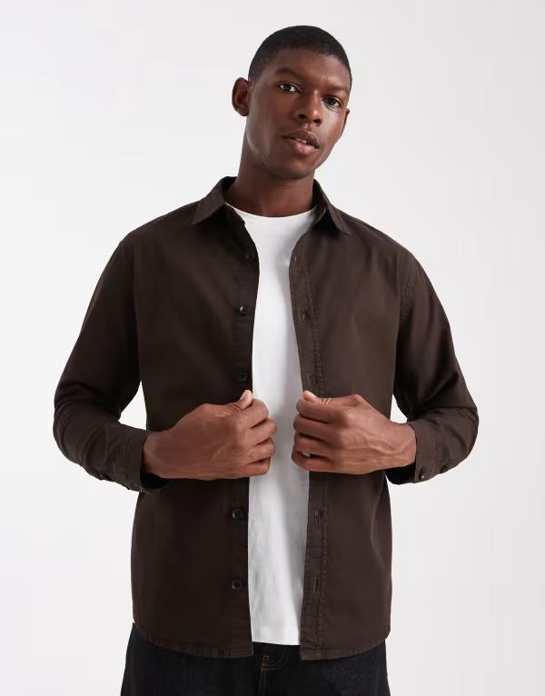 エイソス メンズ アウター ジャケット・ブルゾン シャツ ASOS DESIGN long sleeve shirt ripstop BROWN ブラウン