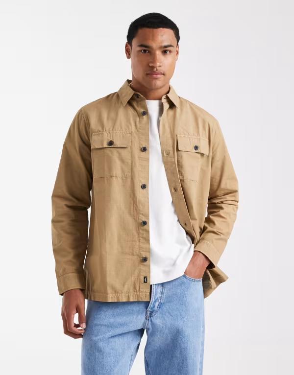 スリードベア メンズ アウター ジャケット・ブルゾン ボタンダウン コットン ダウン Threadbare cotton poplin button down shacket in stone STONE ストーン