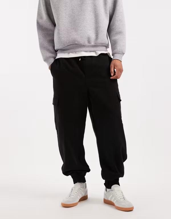 エイソス メンズ ボトムス カジュアルパンツ カーゴパンツ パンツ ASOS DESIGN tapered pull on cargo pants Black ブラック