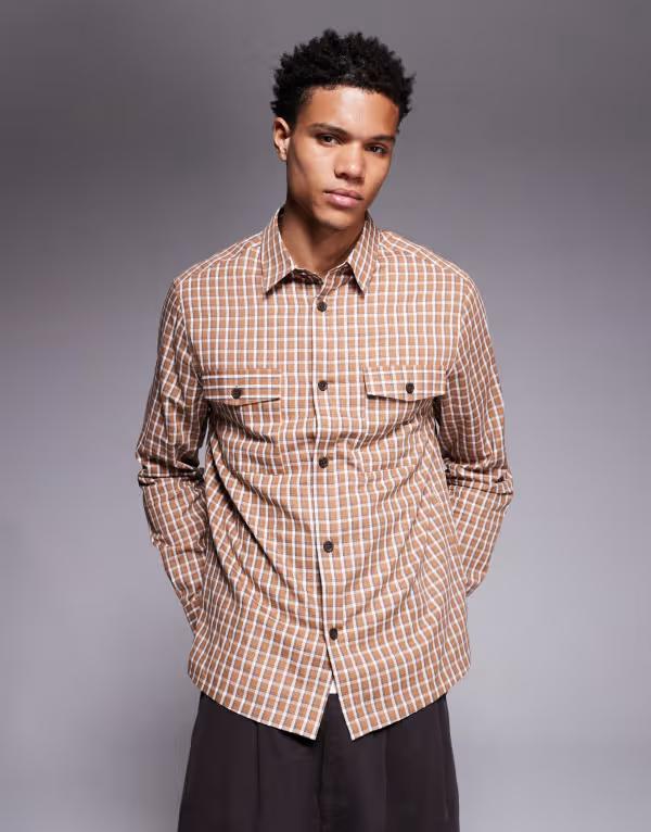 エイソス メンズ トップス シャツ レギュラーフィット ASOS DESIGN regular fit plaid shirt BROWN ブラウン