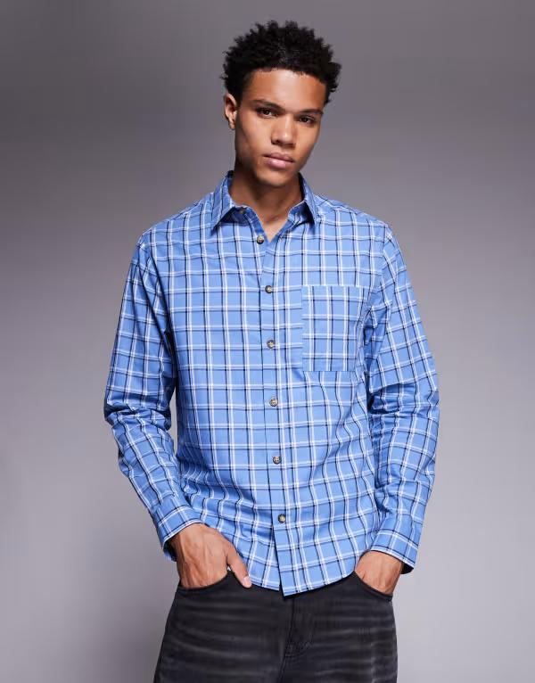 エイソス メンズ トップス プルオーバー レギュラー填まる ASOS DESIGN regular fit plaid shirt BLUE 青色