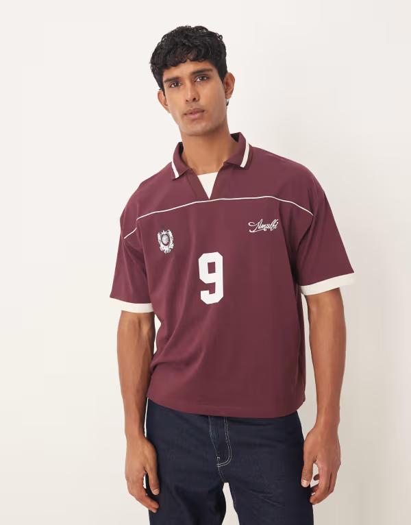 エイソス メンズ トップス ポロシャツ ASOS DESIGN boxy oversized sporty polo shirt with piping details Port royale バーガンディ