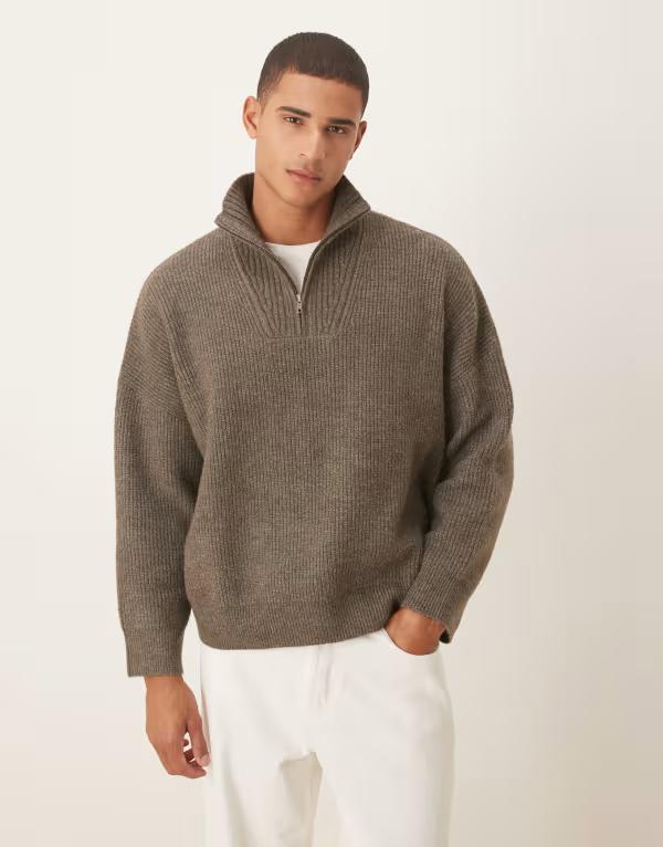 エイソス メンズ アウター ニット・セーター スタンドネック セーター ニット ASOS DESIGN super oversized boxy fit knit rib funnel neck sweater heather Brown marl マール
