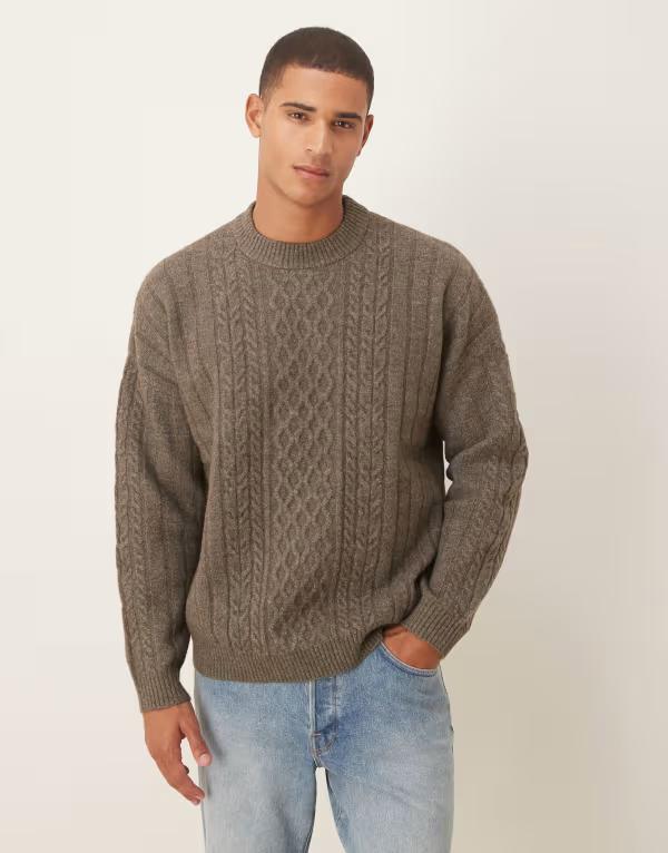 エイソス メンズ アウター ニット・セーター クルーネック セーター ニット ASOS DESIGN oversized cable knit crew neck sweater in heathered Brown marl マール