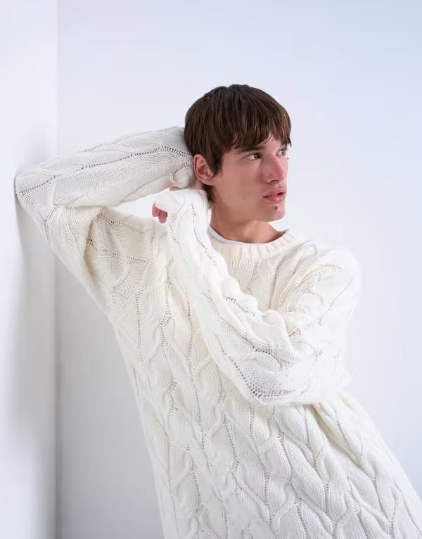 トップマン メンズ アウター ニット・セーター リラックスフィット セーター ニット Topman relaxed fit heavyweight knit sweater with cable in cream CREAM クリーム｜ReVida 店