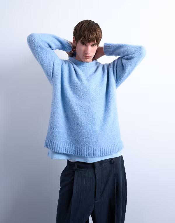 トップマン メンズ アウター ニット・セーター クルーネック セーター ニット Topman loose knit crew neck sweater in mid MID BLUE ブルー