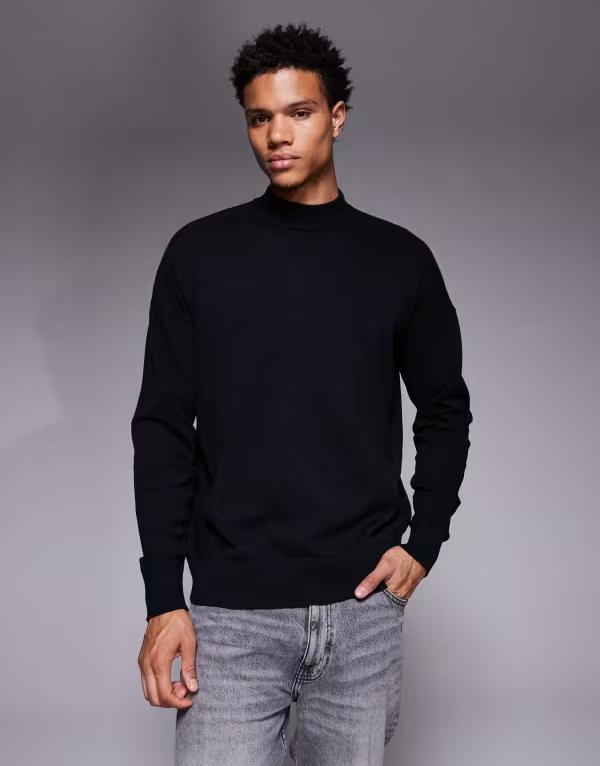 エイソス メンズ アウター ニット・セーター タートルネック Tシャツ ニット ASOS DESIGN relaxed long sleeve knit turtle neck T-shirt Black ブラック