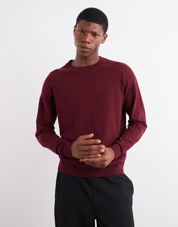 エイソス メンズ アウター ニット・セーター クルーネック Tシャツ ニット ASOS DESIGN relaxed long sleeve knit crew neck T-shirt Burgundy バーガンディ