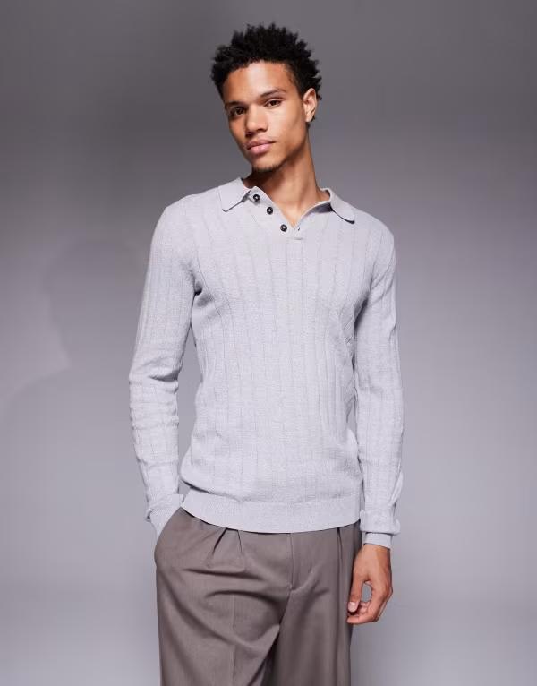エイソス メンズ トップス ポロシャツ ニット ASOS DESIGN muscle fit long sleeve knit rib polo in light gray heather LIGHT GRAY MARL グレー