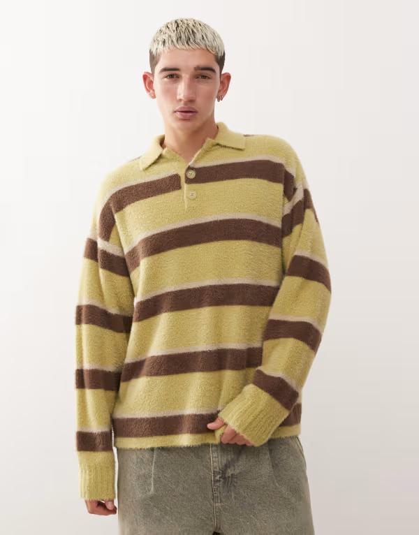 リクレイム ヴィンテージ メンズ アウター ニット・セーター ポロシャツ セーター ニット Reclaimed Vintage brushed knit polo sweater in soft stripe Green グリーン