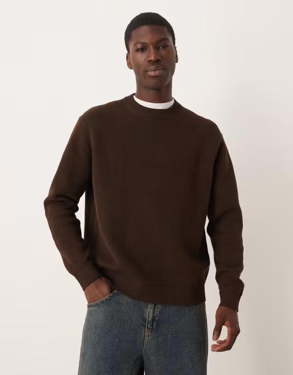 セレクティッド メンズ アウター ニット・セーター セーター コットン ニット Selected 100% cotton boxy knit sweater Demitasse ブラウン