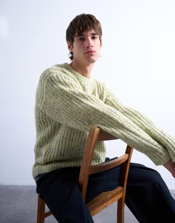 トップマン メンズ アウター ニット・セーター リラックスフィット セーター ニット Topman relaxed fit knit sweater with nep LIGHT GREEN グリーン｜ReVida 店