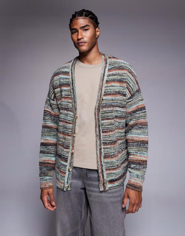 エイソス メンズ アウター カーディガン ニット ASOS DESIGN relaxed textured knit cardigan in multi stripes Multi マルチカラー