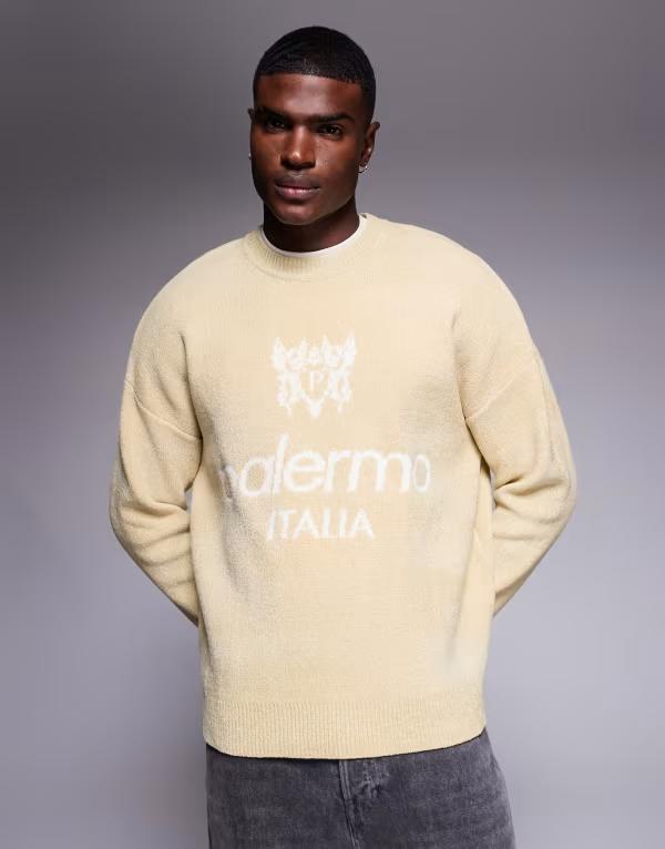 エイソス メンズ アウター ニット・セーター セーター ニット グラフィック ASOS DESIGN oversized knit chenille sweater with Palermo graphic in stone STONE ストーン