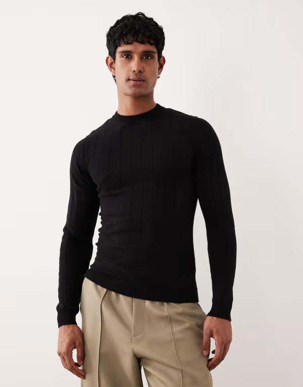 エイソス メンズ トップス Tシャツ リブ シャツ ニット  DESIGN muscle fit long sleeve knit ribbed T-shirt Black ブラック