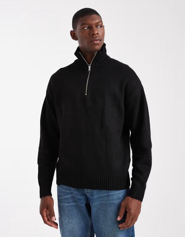 手玉 アンド ジョーンズ メンズ アウター 編み物・スウェーター ハーフジップ スウェーター Jack \u0026 Jones fluffy quarter zip sweater Black 黒いこと トップス-ニット・セーター