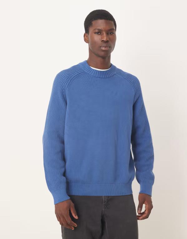セレクティッド メンズ アウター ニット・セーター リブ セーター コットン ニット Selected 100% cotton ribbed knit sweater Blue ブルー