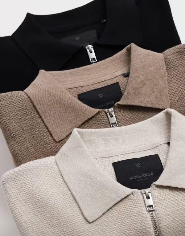 手玉 アンド ジョーンズ メンズ アウター 編み物・スウェーター ハーフジップ スポーツシャツ 編み物 Jack \u0026 Jones premium long sleeve knit polo shirt with quarter zip Greige ベージュ