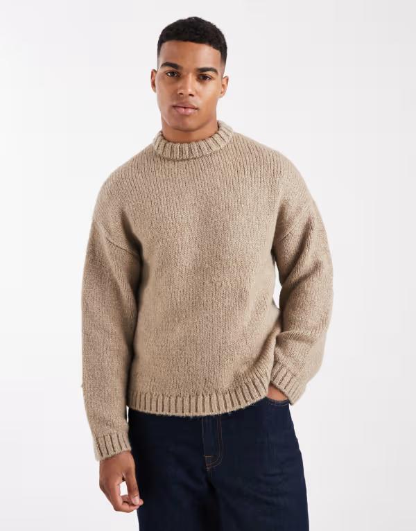 ジャック アンド ジョーンズ メンズ アウター ニット・セーター クルーネック セーター Jack & Jones oversized crew neck fluffy yarn sweater Desert taupe トープ