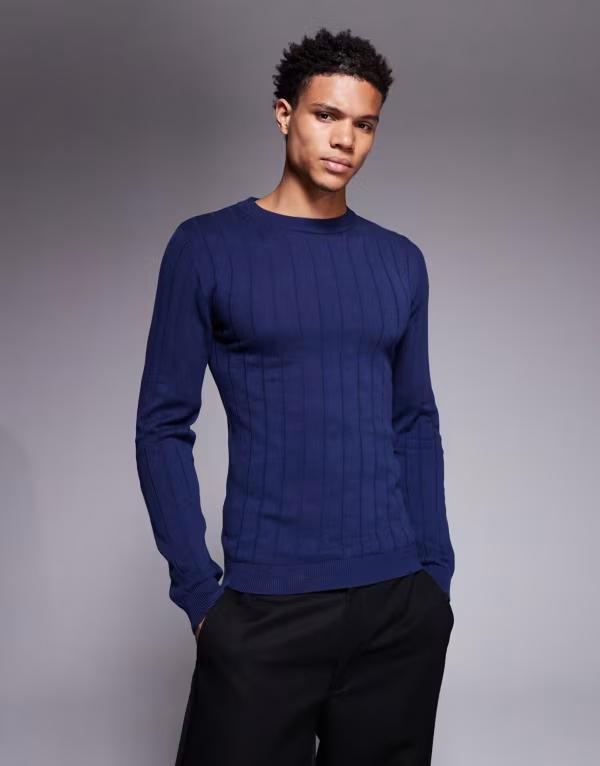エイソス メンズ トップス Tシャツ リブニット シャツ ニット ASOS DESIGN muscle fit long sleeve rib knit t-shirt NAVY ネイビー