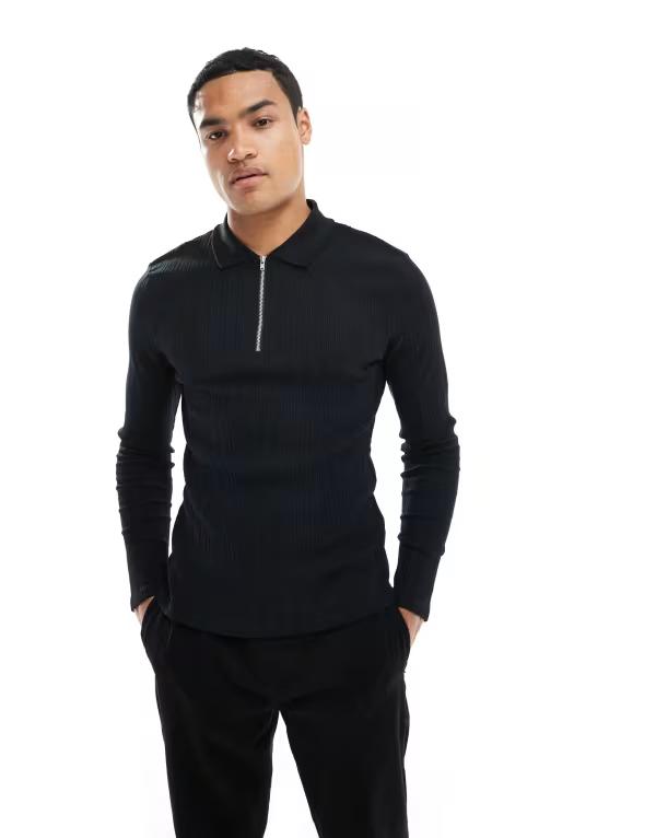エイソス メンズ トップス スポーツシャツ ASOS DESIGN muscle fit polo with zipper textured rib Black 黒いこと
