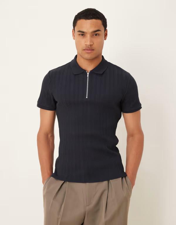 エイソス メンズ トップス ポロシャツ ASOS DESIGN muscle fit polo with zip textured rib Sky captain ネイビー