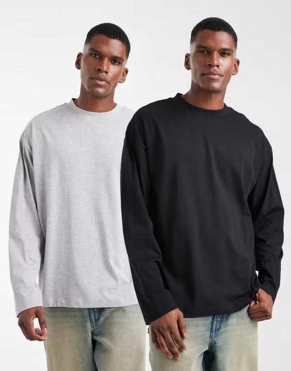 エイソス メンズ トップス Tシャツ ASOS DESIGN Essentials 2 pack oversized long sleeve t-shirts and heather Gray/black ブラック