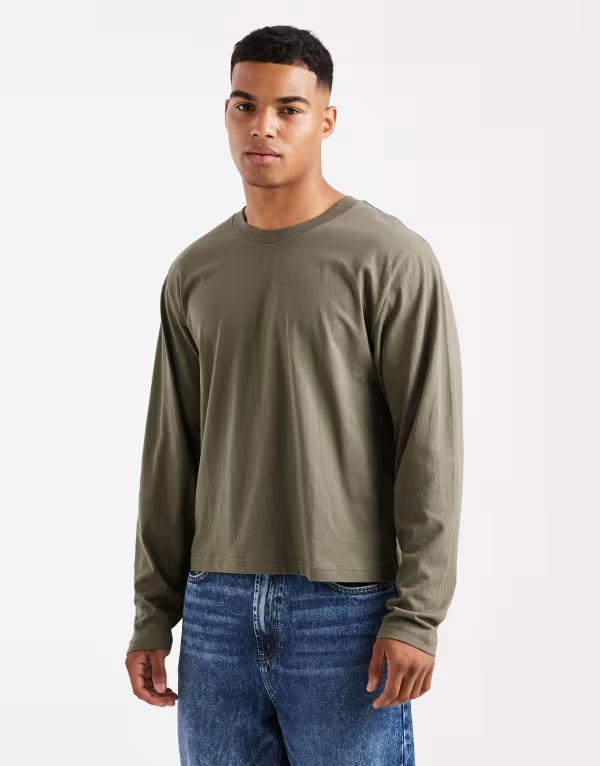 コットンオン メンズ トップス Tシャツ クロップド Cotton On cropped fit long sleeve t-shirt GREEN グリーン