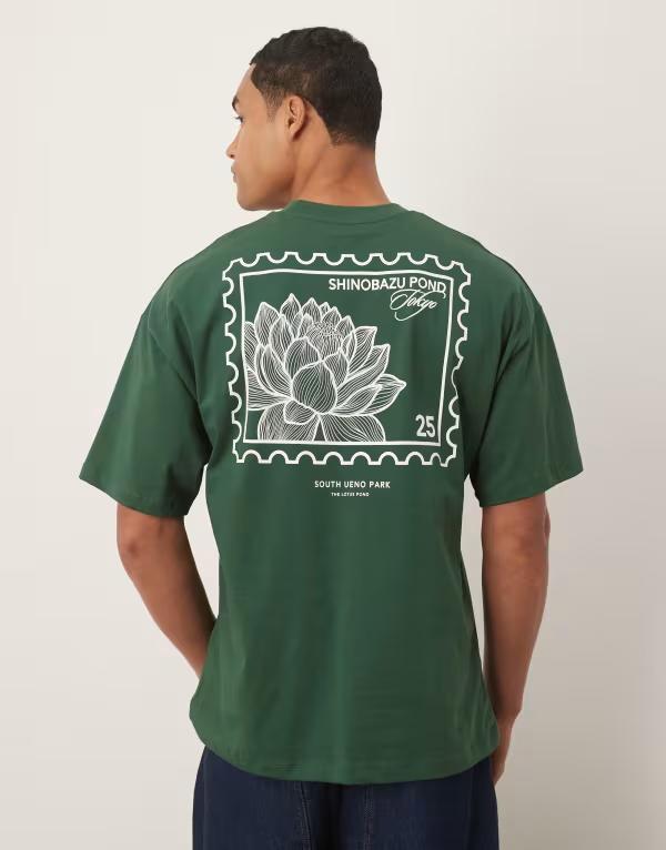 セレクティッド メンズ トップス Tシャツ プリント シャツ Selected oversized T-shirt with Tokyo stamp back print Dark Green グリーン